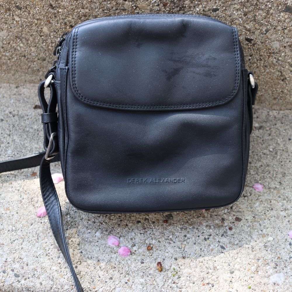 Derek Alexander Black Utilitarian Minimalist Black Leather Bag Purse
